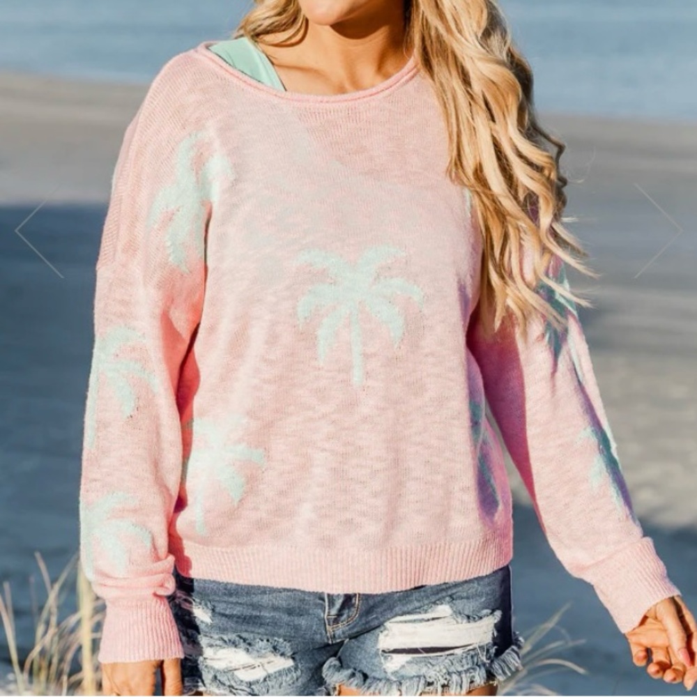 Pink Lily “Below the Equator Pink and Mint Palm Print Sweater”